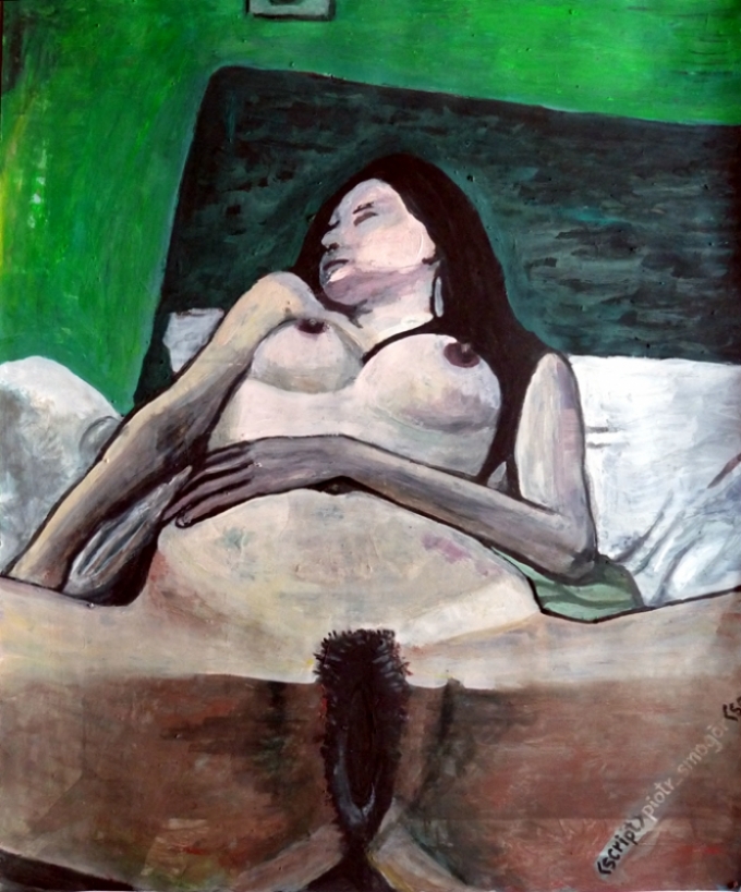 malarstwo akt damski, tempera na kartonie, Piotr Smogór