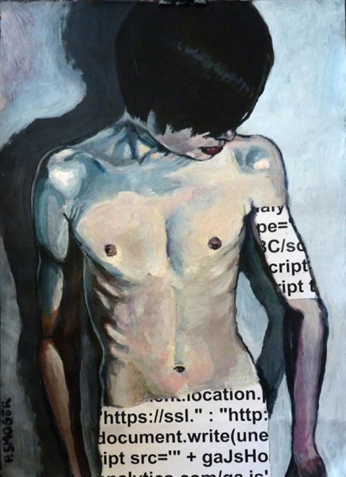 Z kodami, akryl na papierze, collage, 2010, Wrocław